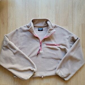 PRIX Fleece Quarter Zip Pullover Crop Top‎ Tan Pink Accent Women's Small